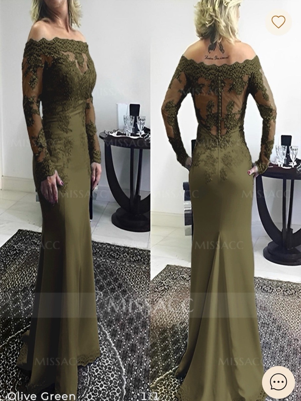 Olive Green Lace Off-Shoulder Evening Gown